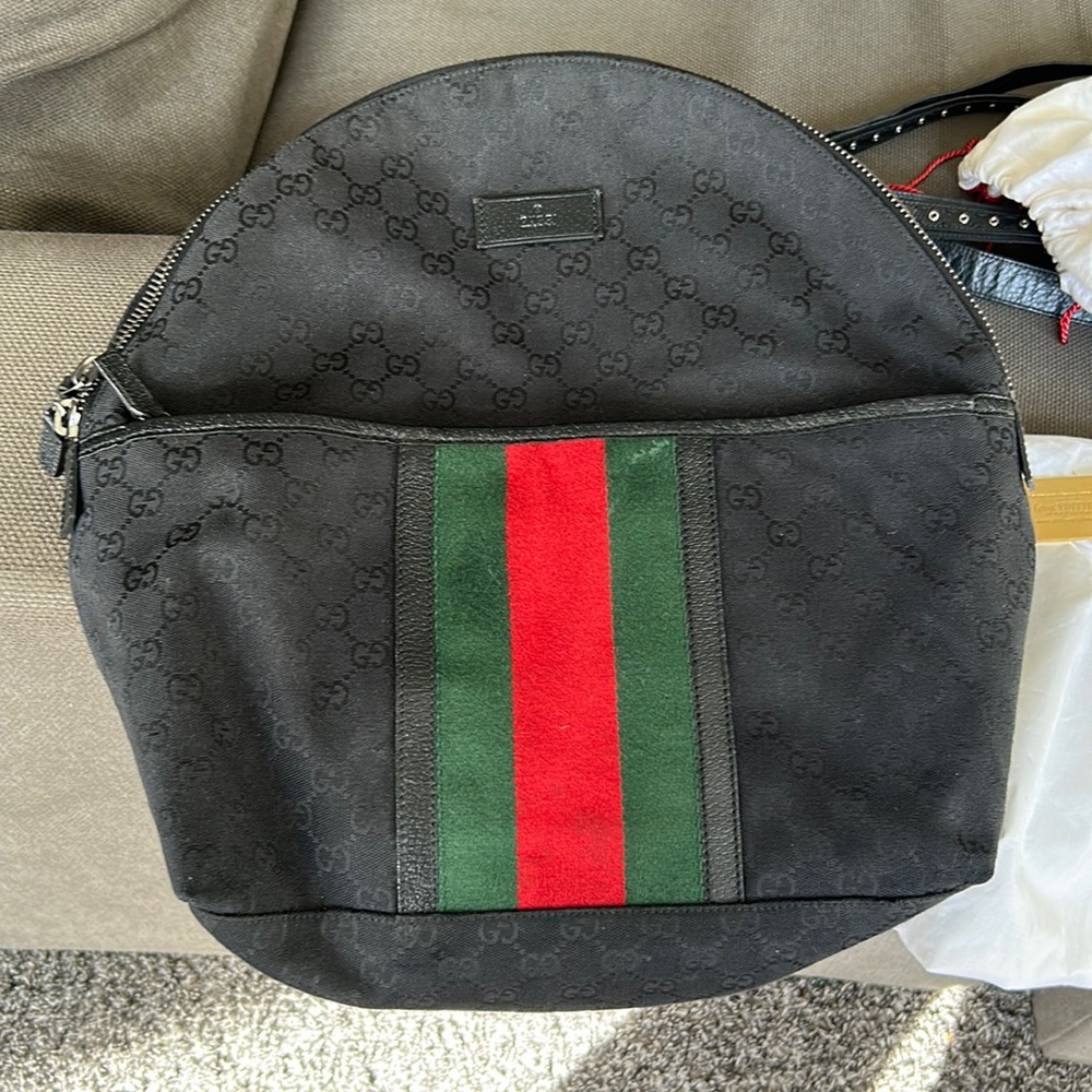 Gucci black with green and red stripe backpack